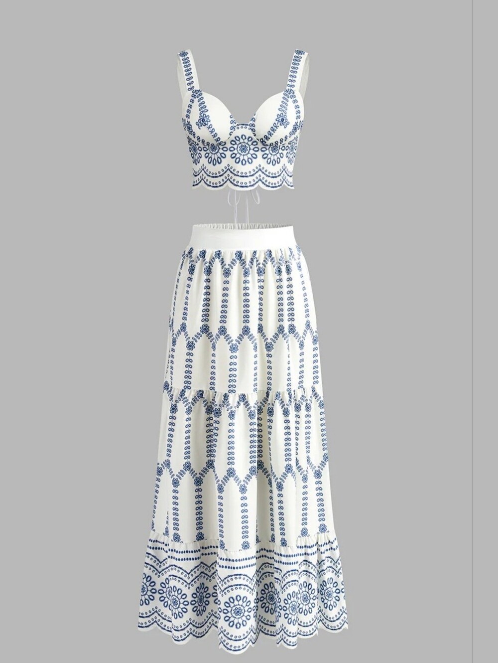 NWT / White Crop Top and Skirt Set with Blue Embroidered Details